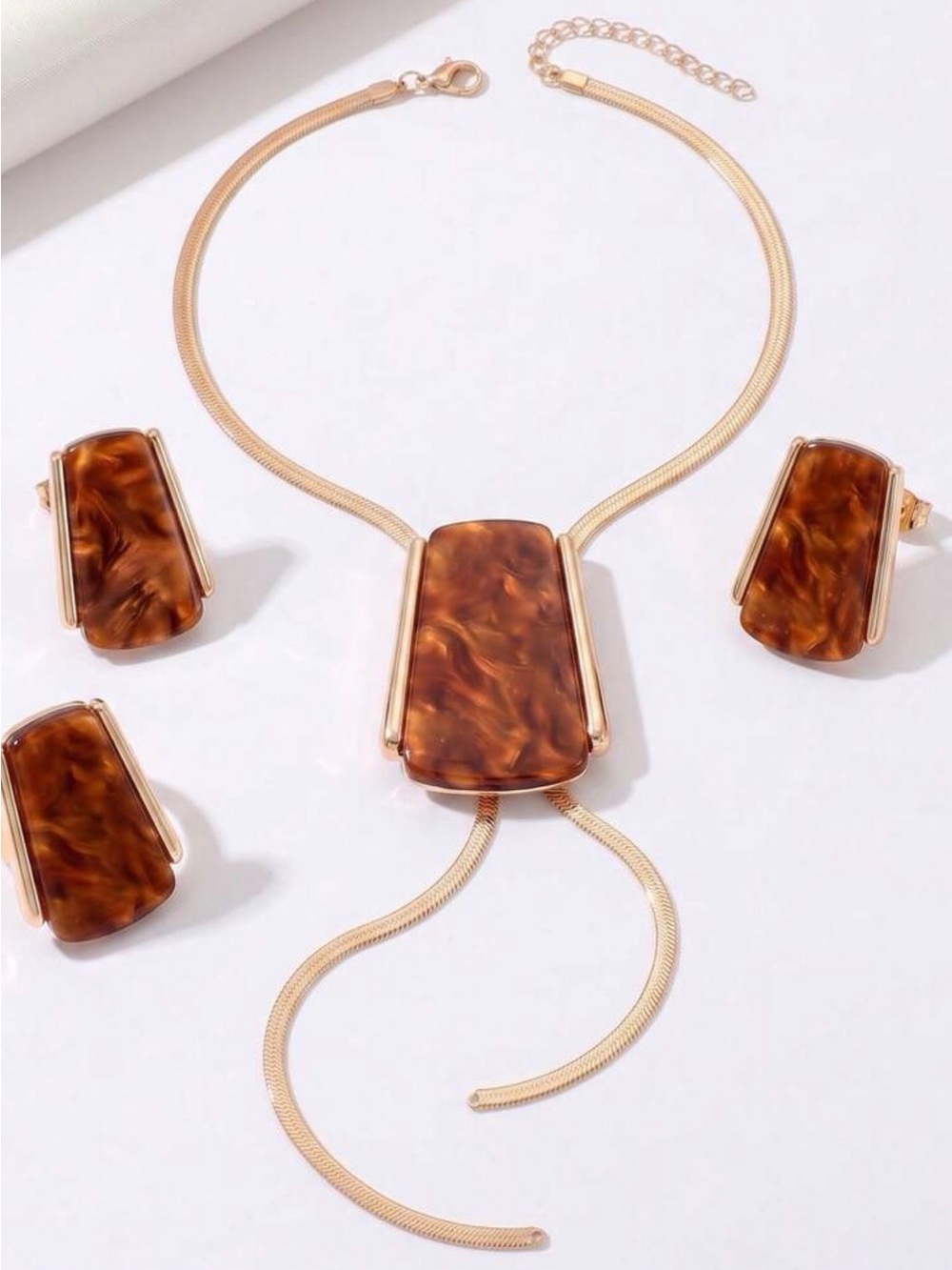 Gold-Tone Tortoiseshell Pendant Necklace, Ring & Earrings Set